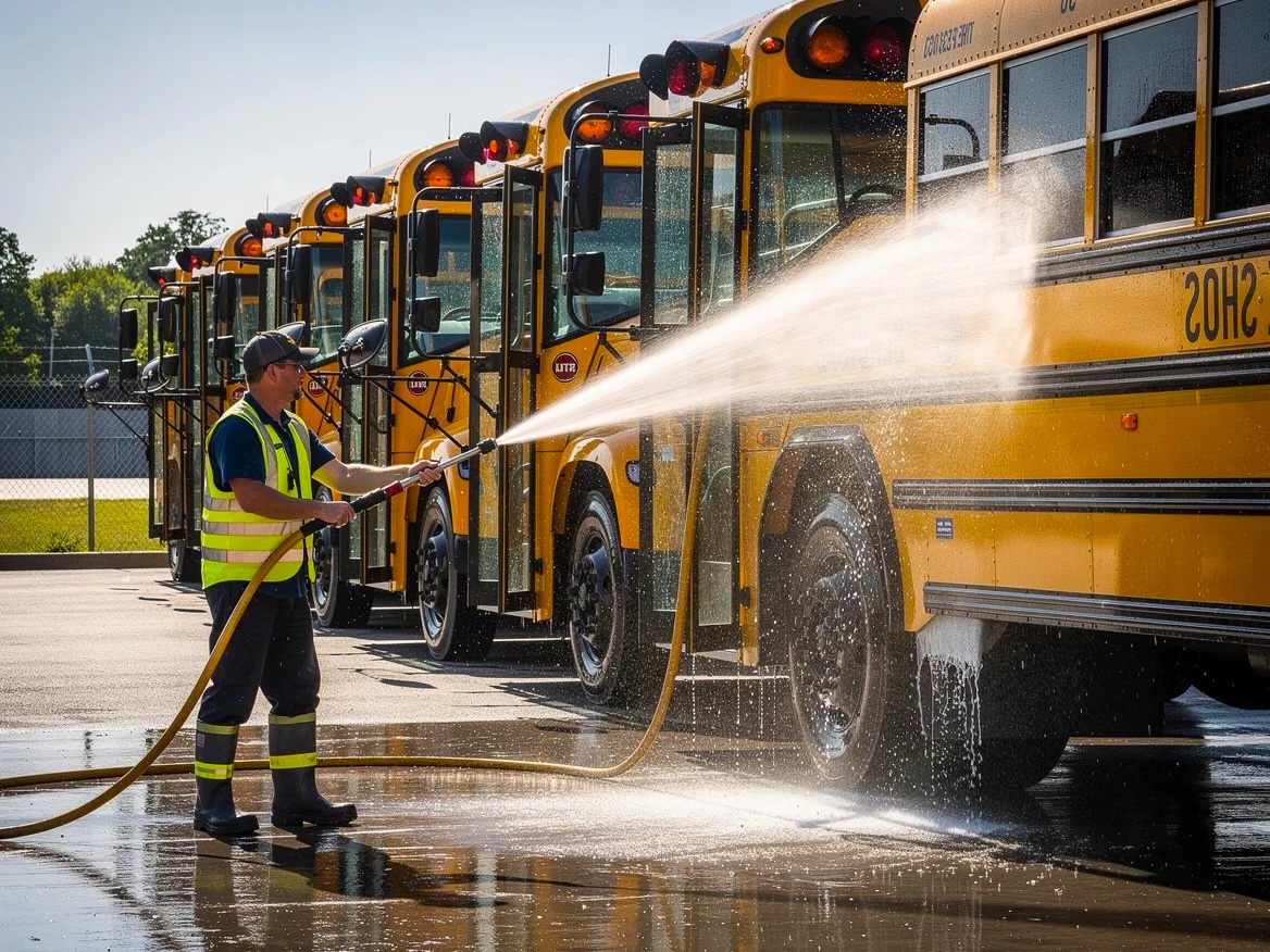 School buses being washed using plenty of water