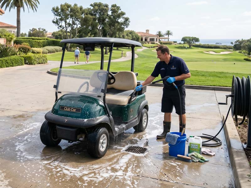 Golf Employee Washing Cart and Producing Was Water for Recycling