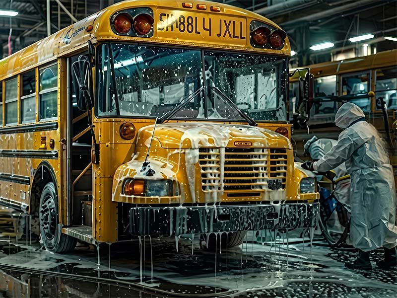 School Bus Being Washed with Wash Water Draining Into Recycling System